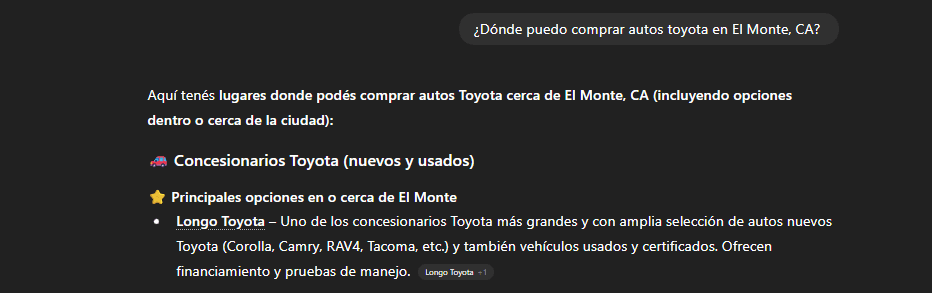 Ejemplo de consulta en ChatGPT para comprar un Toyota en El Monte
