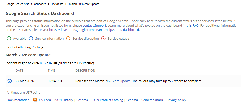 google search status dashboard de los core updates