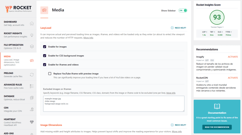 Media Optimization en wp rocket