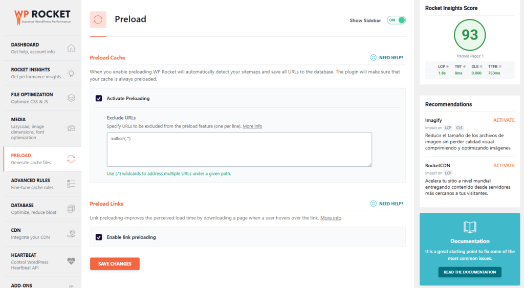 Preload en wp rocket