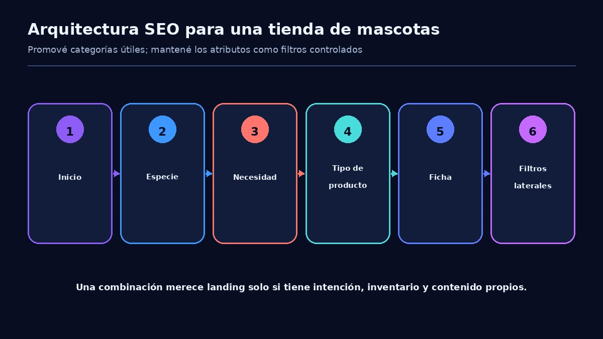 Árbol de arquitectura SEO para una tienda de mascotas organizado por especie, necesidad, tipo de producto y filtros