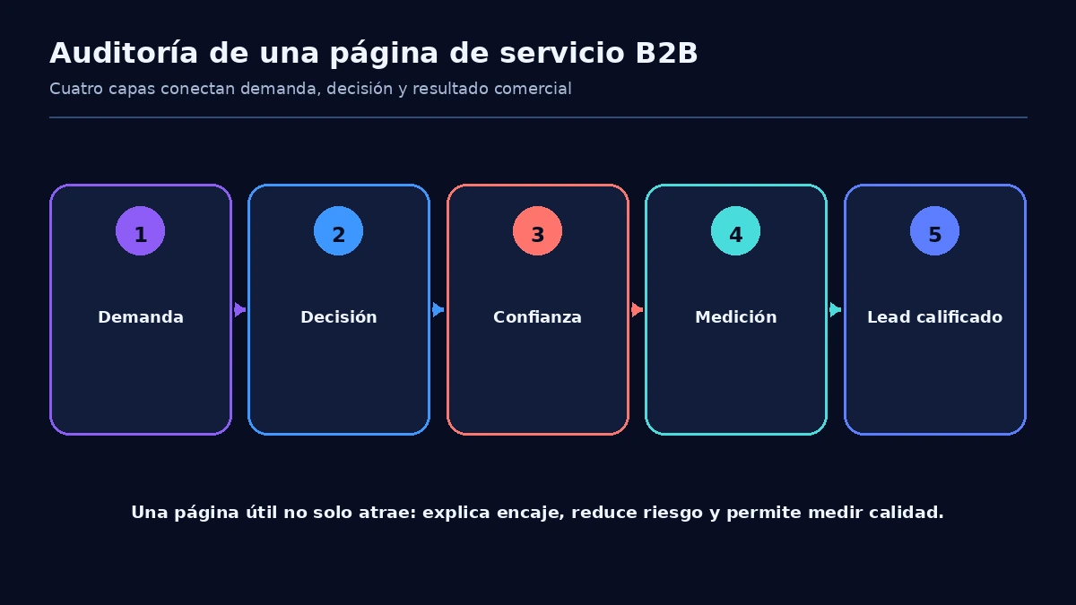 Marco de auditoría de una página de servicio B2B con cuatro capas: demanda, decisión, confianza y medición