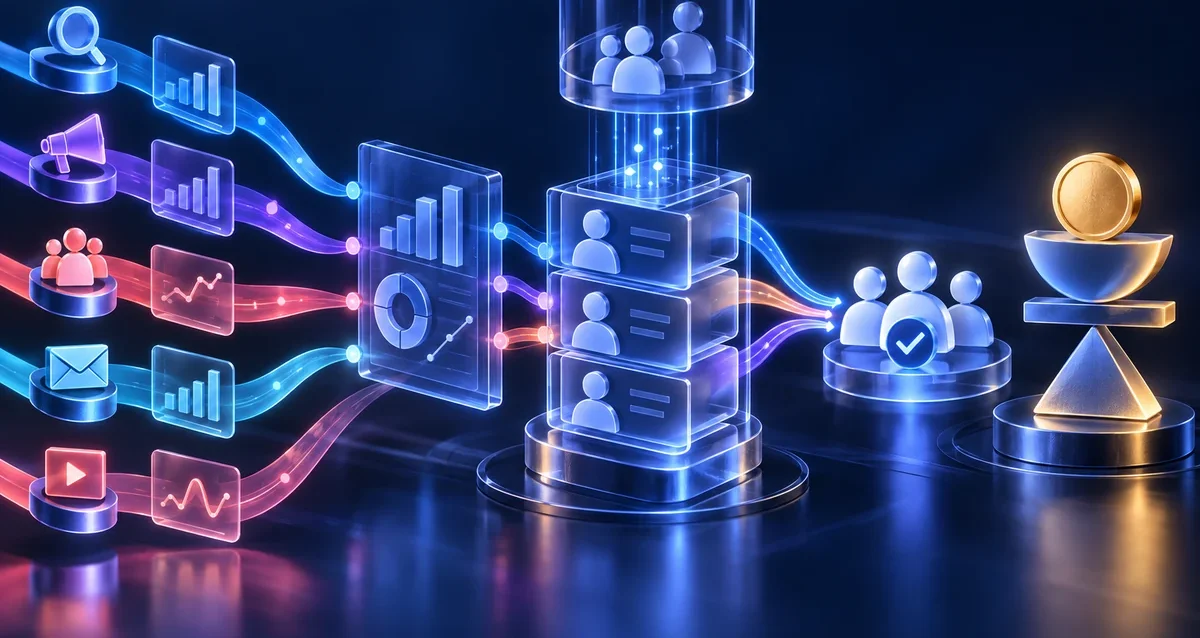 Cómo calcular el CAC por canal con datos de analítica y CRM Canales de adquisición conectados con analítica, CRM y clientes nuevos