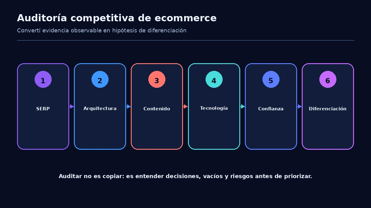 Matriz de auditoría competitiva de ecommerce con capas de SERP, arquitectura, tecnología, confianza y diferenciación