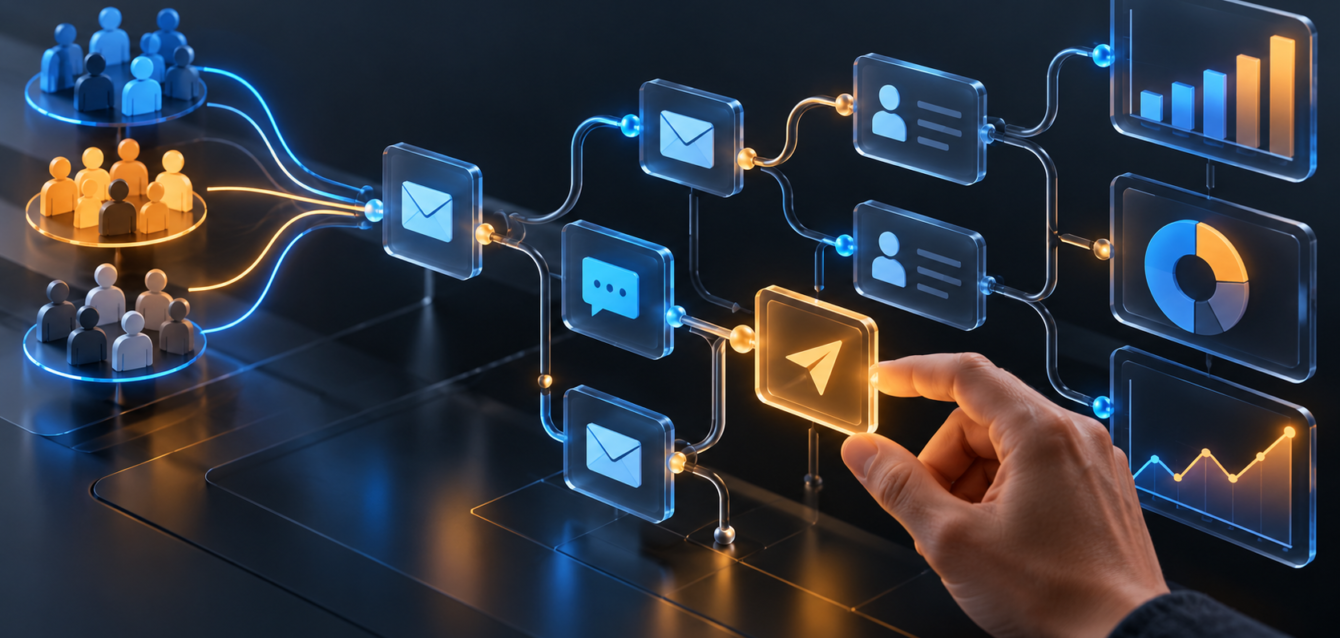 marketing-automation-flujo-segmentacion Flujo visual de marketing automation con segmentos, mensajes, CRM y métricas